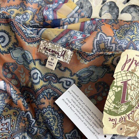 One World Tunic Tank Top Small Medium XL Mesh Overlay Blue Orange Rhinestone Art - Picture 7 of 11